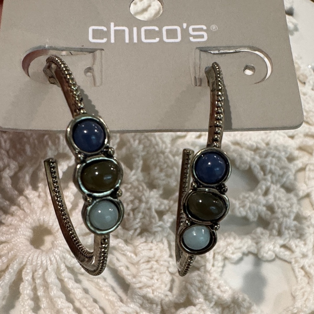 Chico's Silver Tone Multicolor Hoop Earrings with Blue and Green Stones